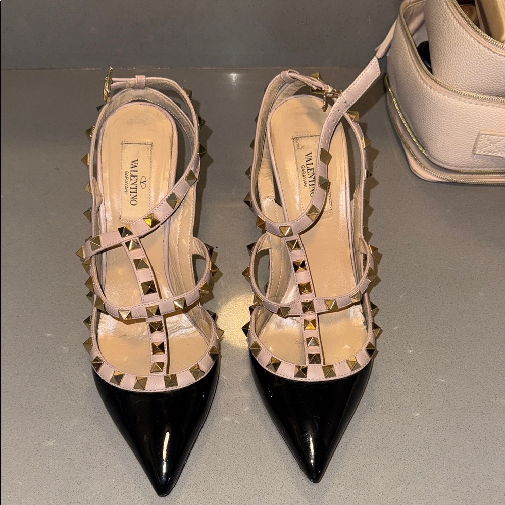Valentino Black and Gold Studded Heels